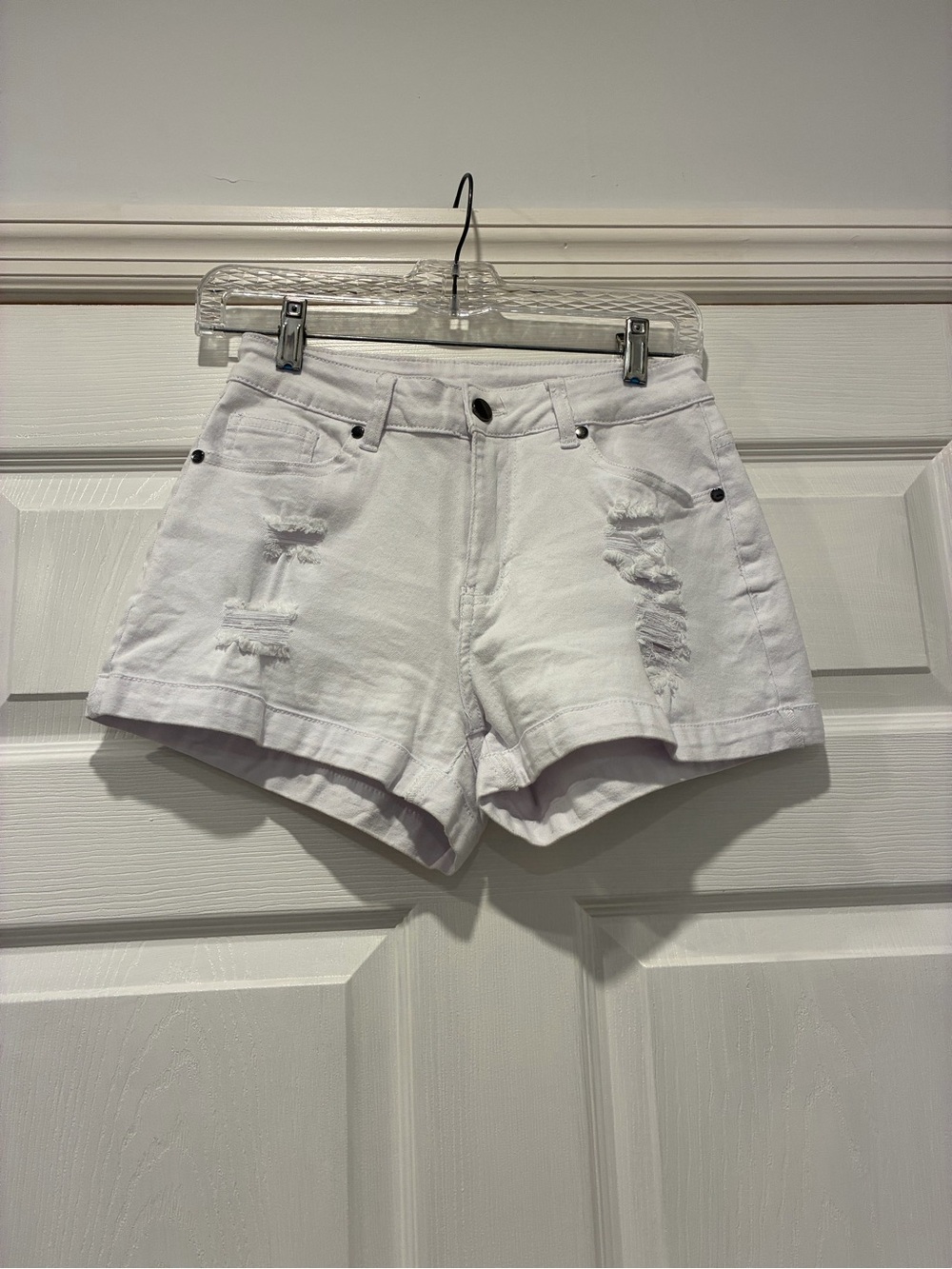 White Distressed Raw Hem Folded Cuff Women's Denim Shorts